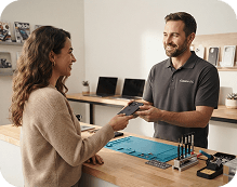 Business owner completing a service at the counter